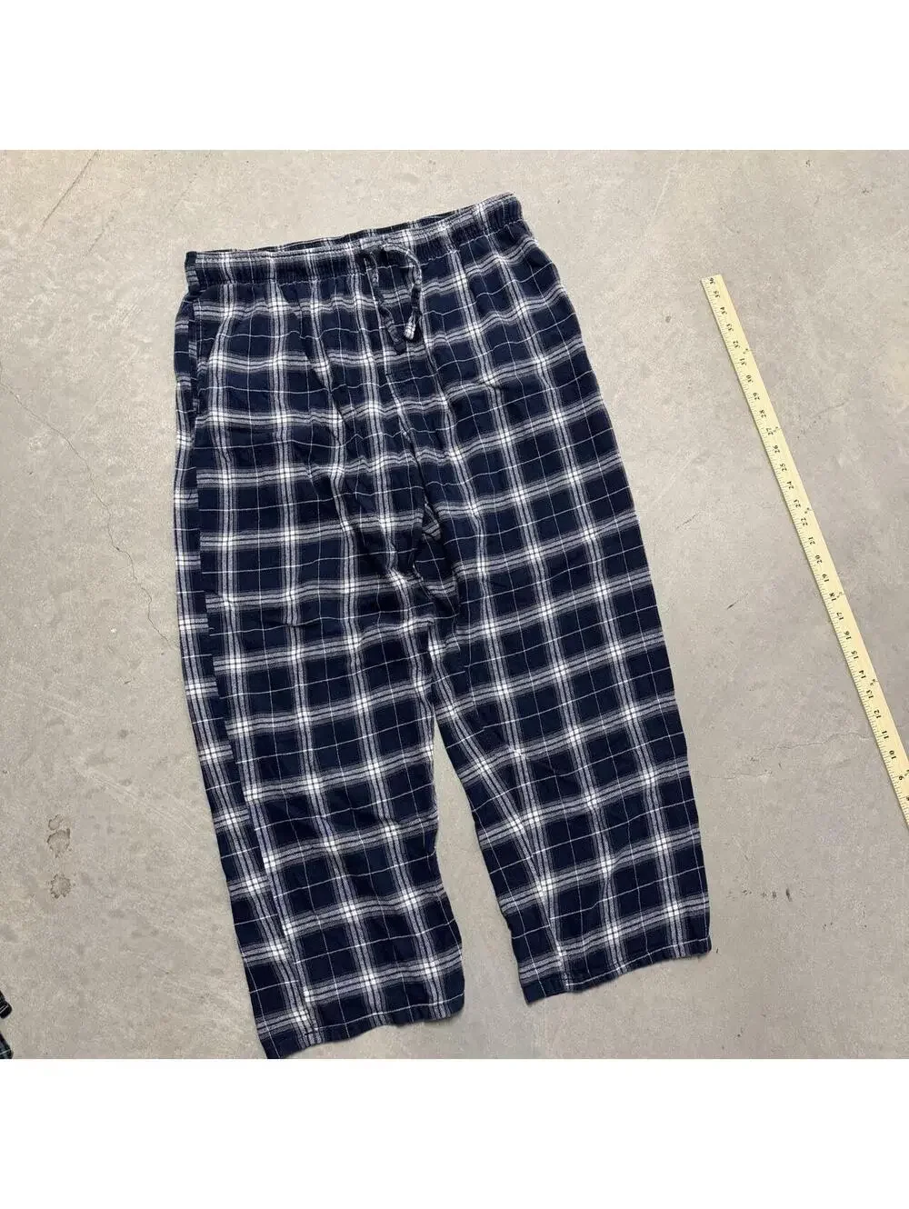 Y2K Men's Navy and White Plaid Fruit of the Loom Pajama Bottoms Sized Large